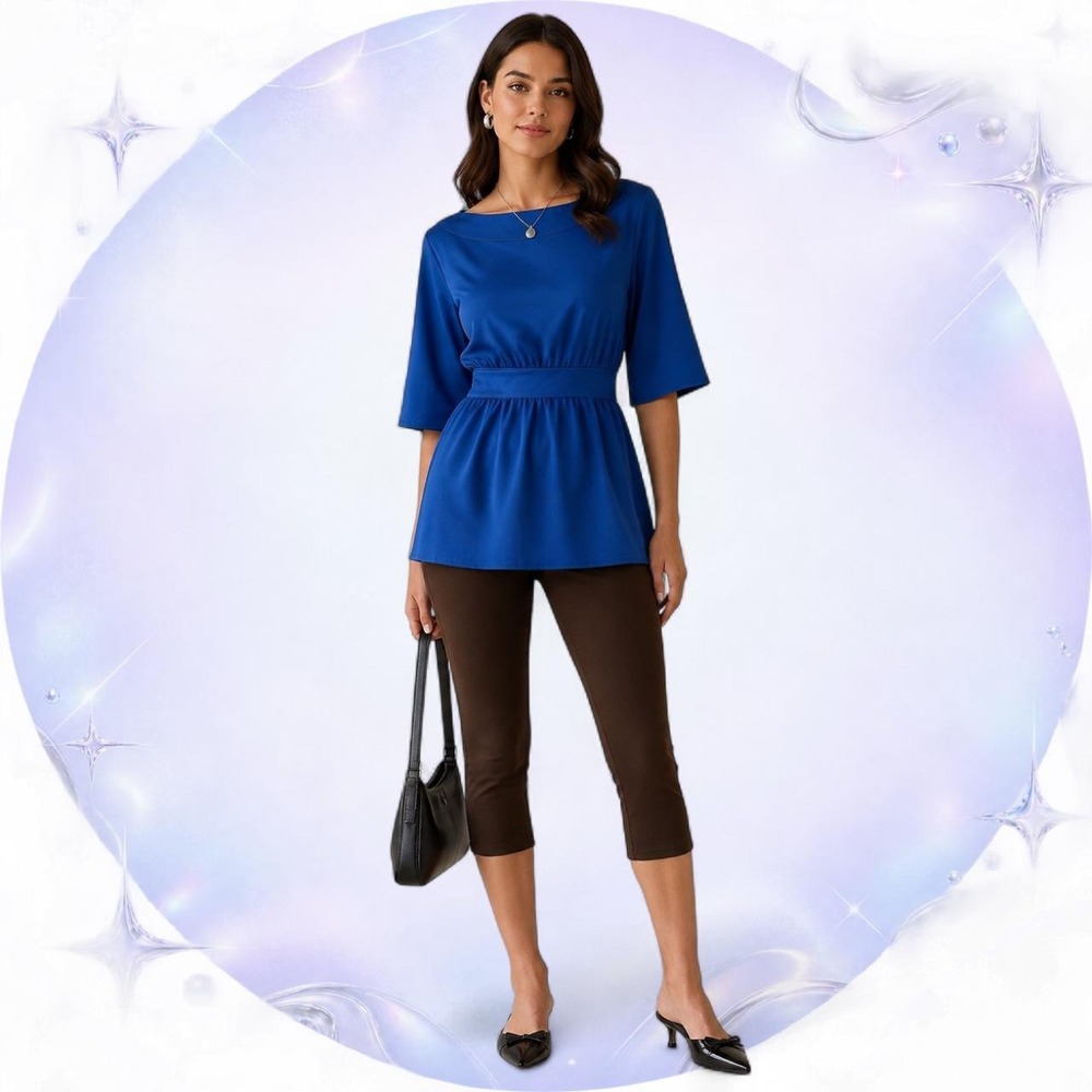 Tulle Cobalt Blue Boat Neck Peplum Tunic Top Bell Sleeve Y2K J9053